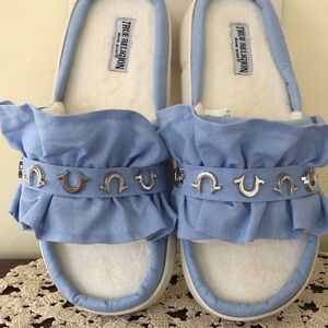 True Religion Light Blue Ruffle Slippers W/ Silver Horseshoes